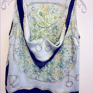 Equestrian silk tank w/attached matching scarf.
